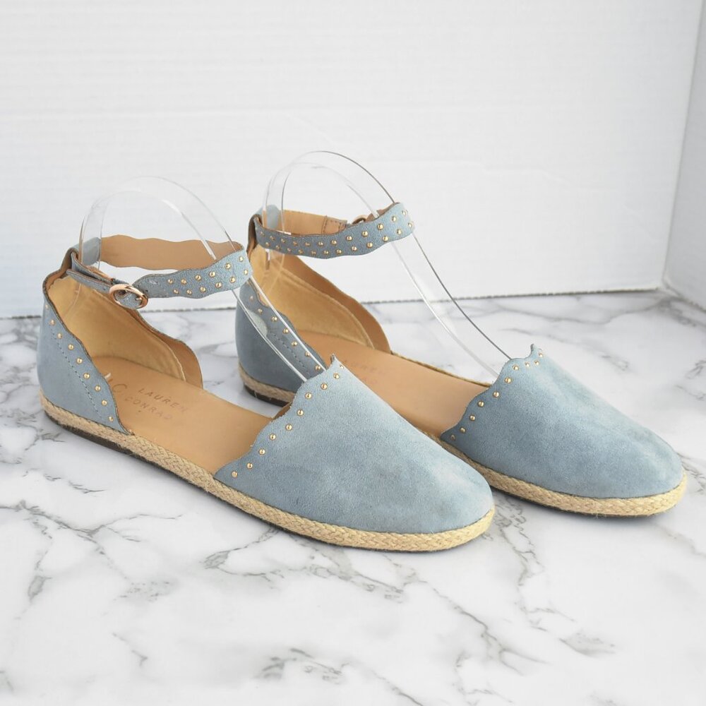 NWOT Lauren Conrad Feldspar Steel Blue Gray Stud Suede Espadrilles Flats Size 6